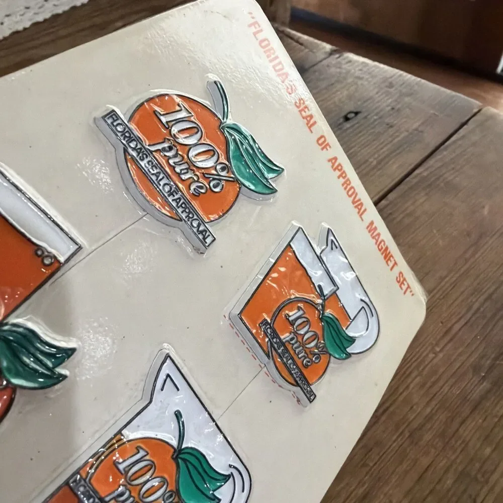 VINTAGE FRIDGE MAGNETS 100% PURE FLORIDA ORANGE JUICE NEW With Packaging